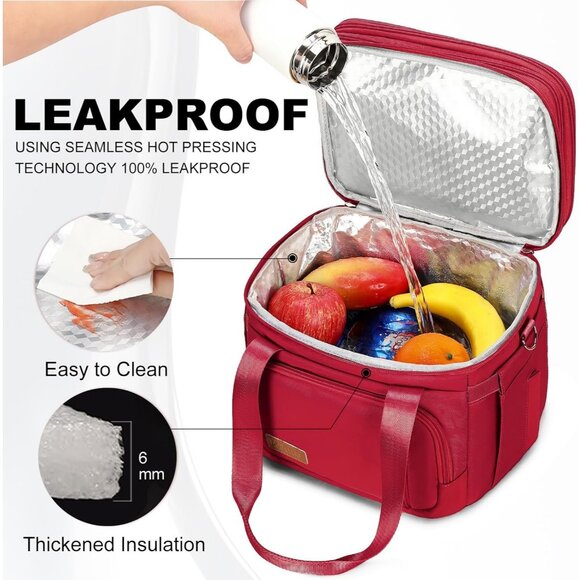 Double Deck Insulated Lunch Box for Men & Women, Leakproof Tote Cooler (Red) - Picture 2 of 7